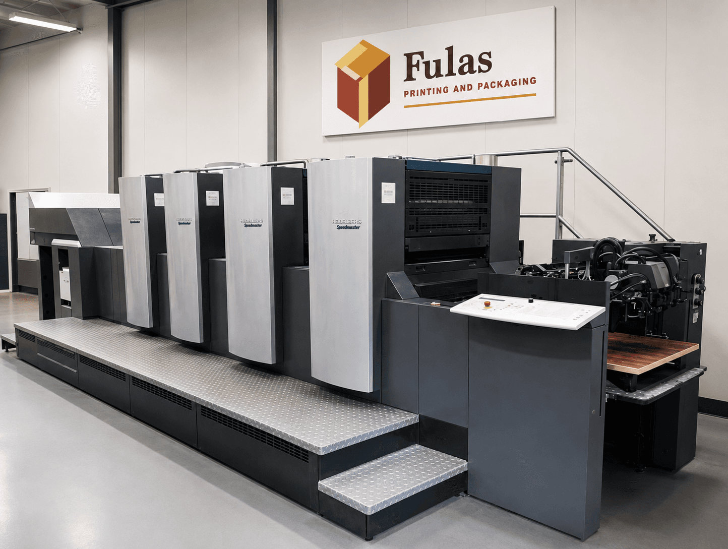 The Fulas Printing & Packaging pressroom — a Heidelberg Speedmaster offset press under the Fulas sign