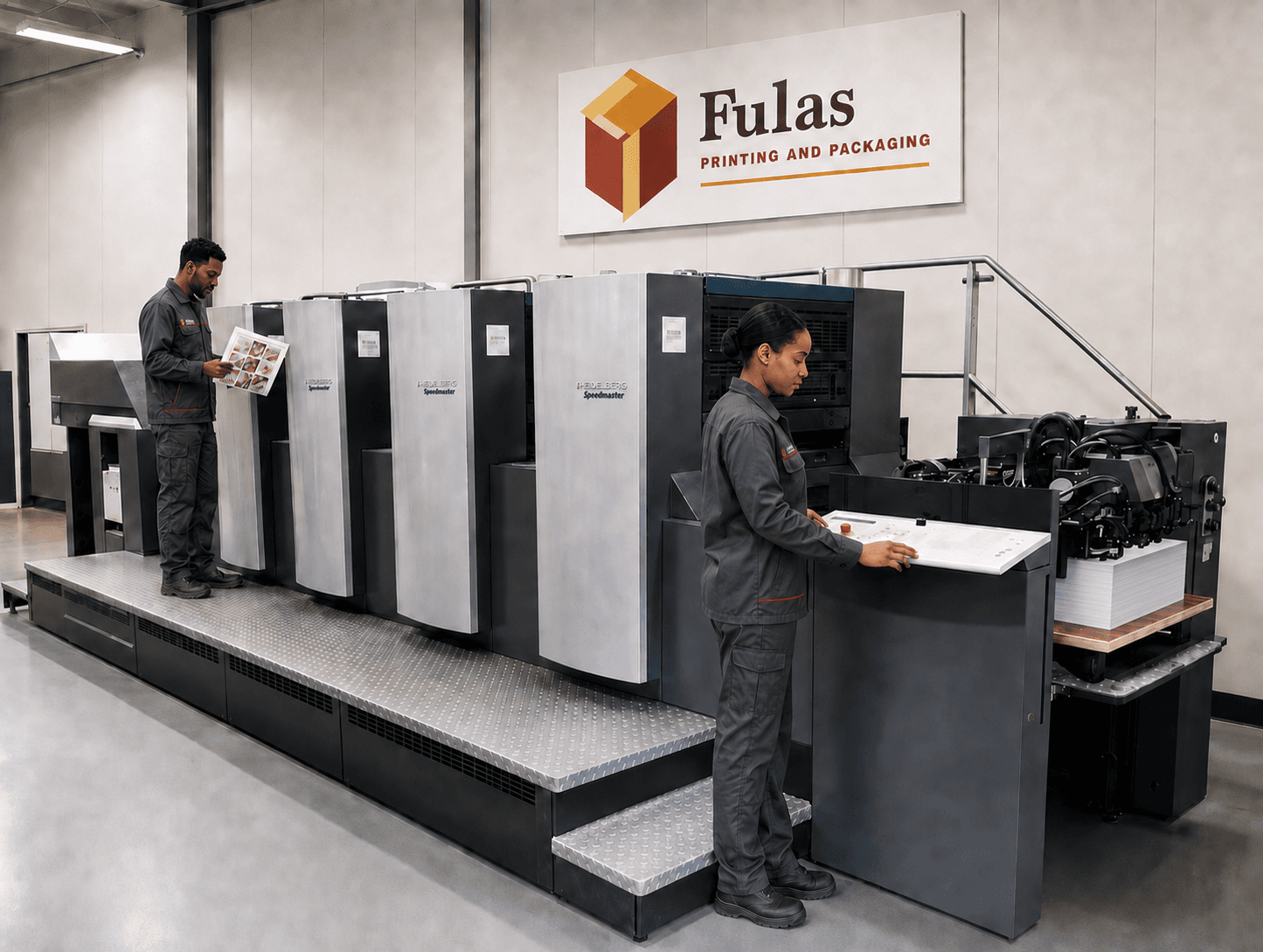 Fulas operators running the Heidelberg Speedmaster four-colour offset press