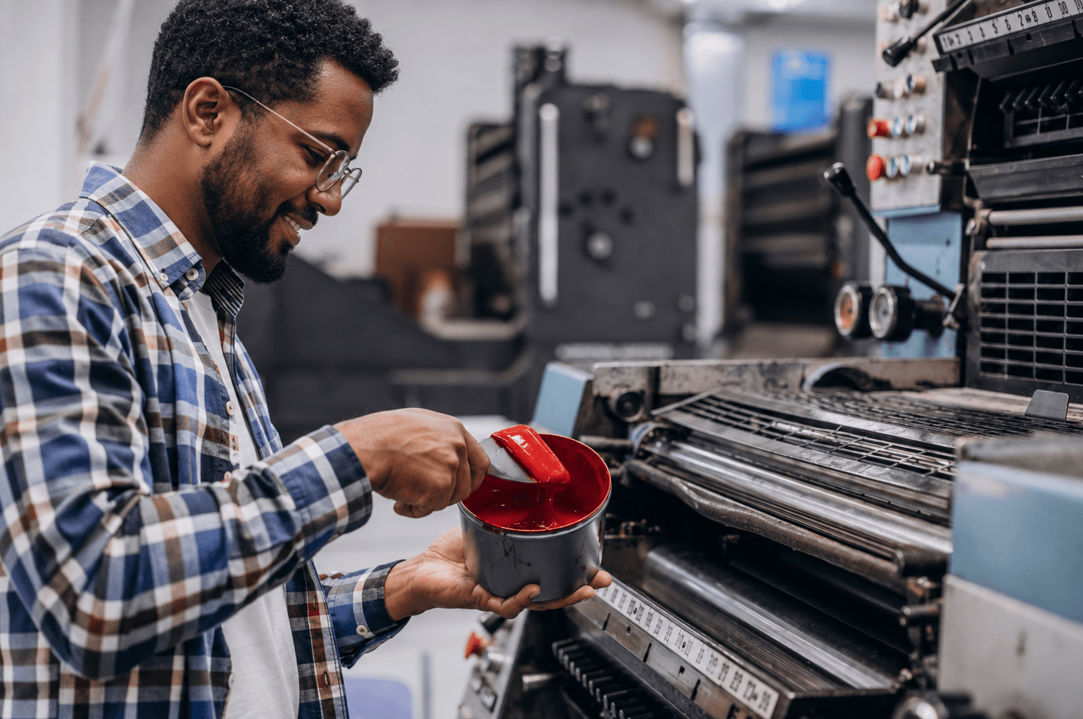A Fulas operator charging the press ink duct